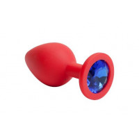 Красная силиконовая анальная пробка с синим стразом - 8,2 см.